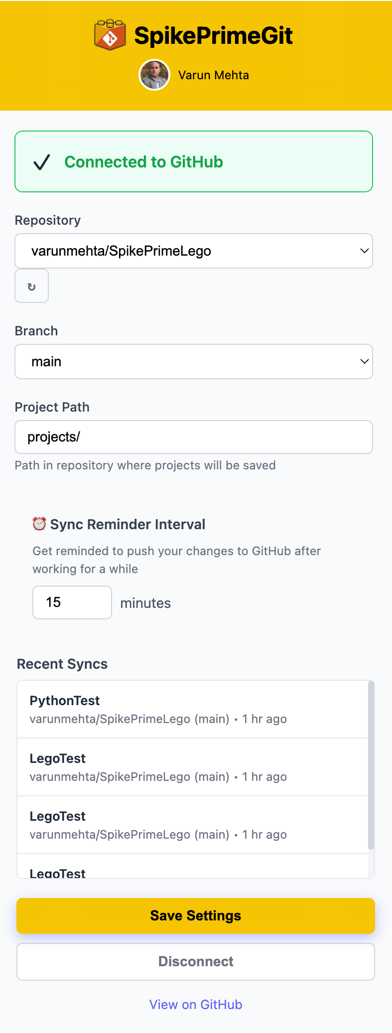 Extension connected screen with settings